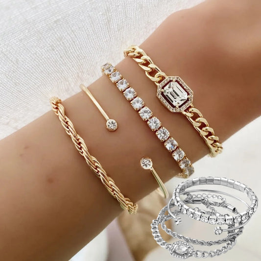 4 Pcs Crystal Bracelet Set - Bohemian Design For Women Vintage Luxury Twisted Cuff Chains Armband Jewelry Accessories