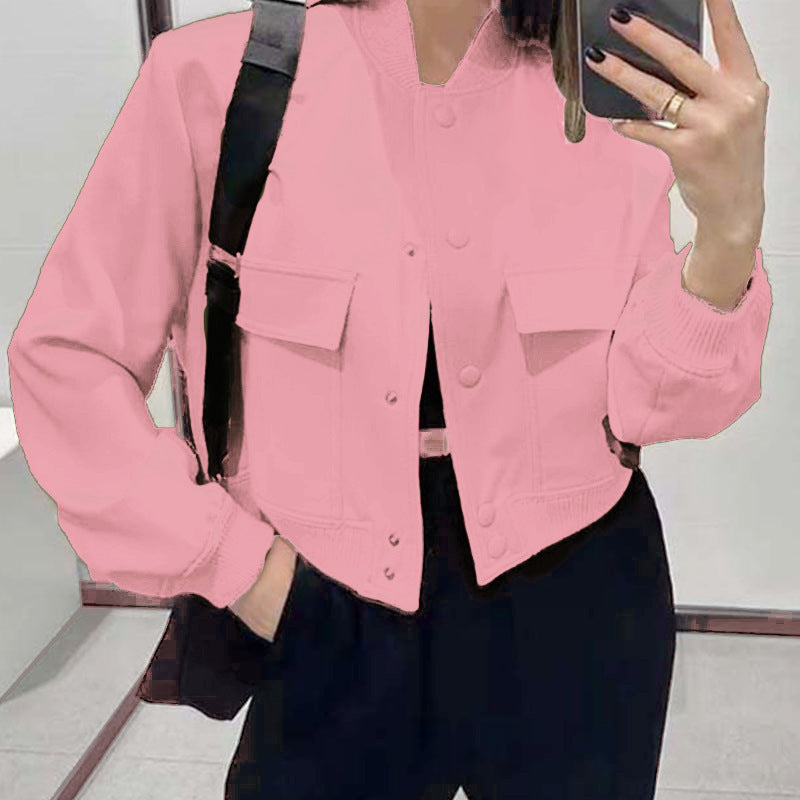 Stylish Stand-Collar Jacket – Trendy, Loose-Fit with Big Pockets!  Fashion Button Stand-collar Jacket With Big Pockets Casual Loose Short Outwear Tops Coat For Women Clothing - JumoShop