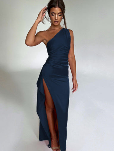 Sexy One-shoulder Backless Slit Dress - Summer Elegant Slim-fit Solid Color Satin Dresses For Women