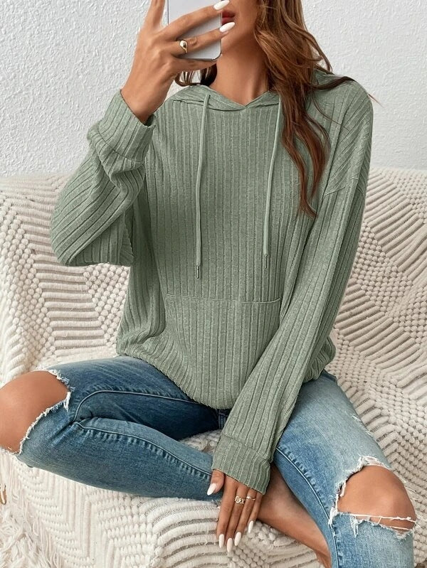 Drawstring Long-Sleeved Hooded Sweatshirt With Pockets
