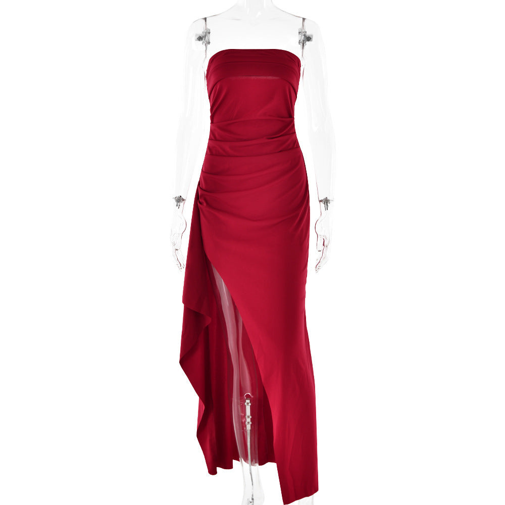 Strapless Split Long Dress – Summer Pleated Bridesmaid & Party Dress for Women