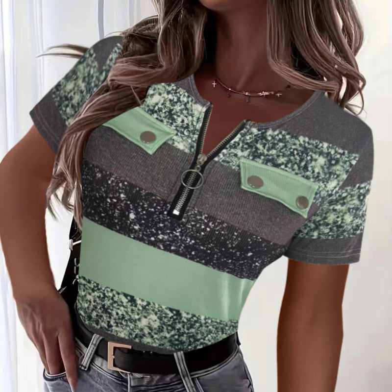 Women's Color Block Zipper T-Shirt - Casual Short Sleeve Summer Top Asymmetric solid Color Casual T shirt With Zipper