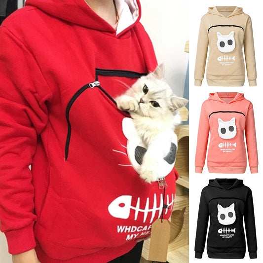 Women Hoodie Sweatshirt With Cat Pet Pocket Design - Long Sleeve Sweater Cat Outfit
