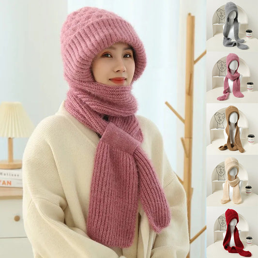 Women's Fleece-lined Scarf And Hat - Winter Warm Knitted Hat Scarf