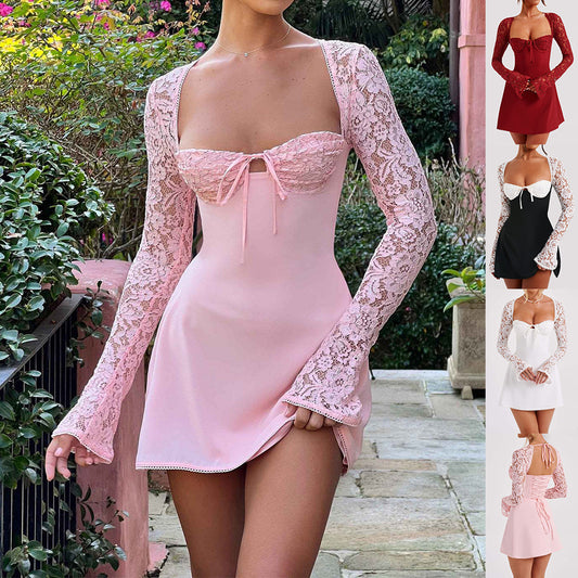 💃 Y2K Fashion Corset Lace Long Sleeve Dress – Backless Lace-Up Short Dress for Women