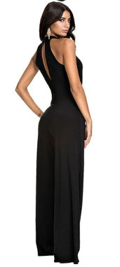 Chic High-Neck Cutout Belted Black Jumpsuit – Elevate Your Elegance! Fashion casual stitching long-sleeved high-neck flared pants black sling jumpsuit - JumoShop