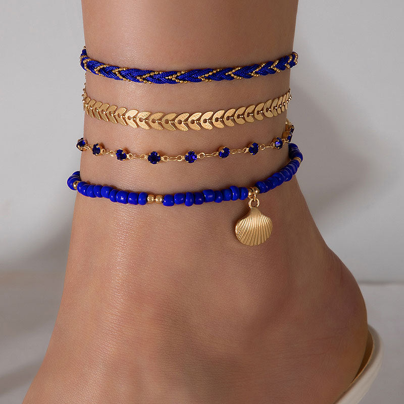 4pcs Set Bohemian Woven Rope Foot Chain-  For Men And Women Geometric Alloy Black Beads Dropping Oil Anklet Set Summer Fashion Jewelry
