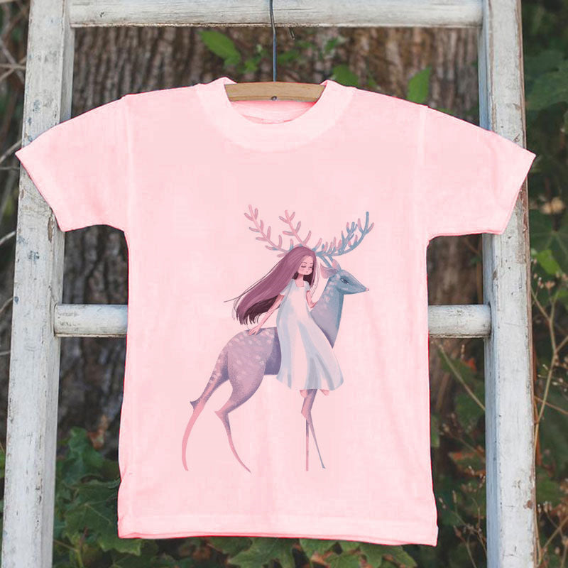 Solid Color Girl Printed T-Shirt - Summer Korean children's wear children's short-sleeved cotton T-shirt cartoon girls shirt small girl half-sleeved shirt