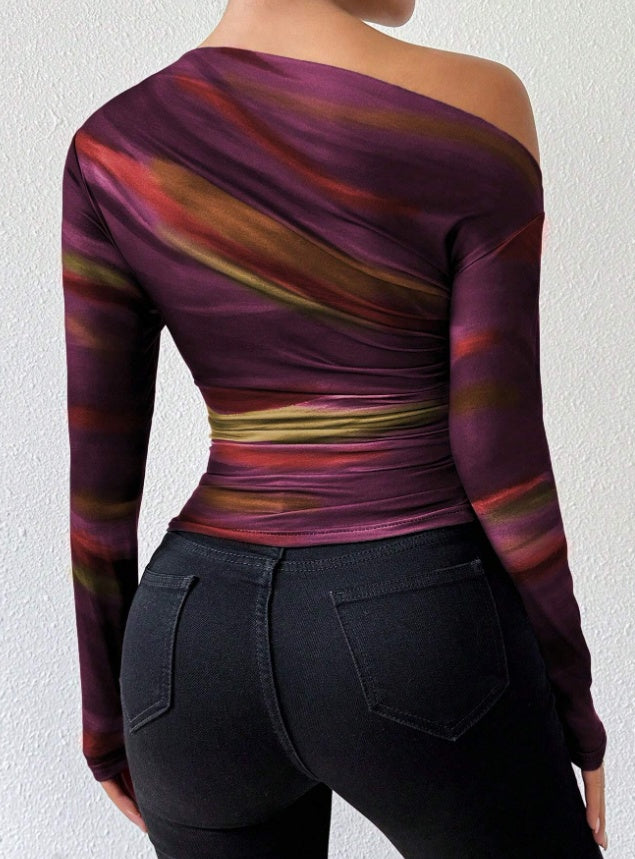 Elegant Abstract Off-Shoulder Top – Chic & Artistic Statement Piece! Print Long Sleeve T-Shirt Graphic Tees Women Tops - JumoShop