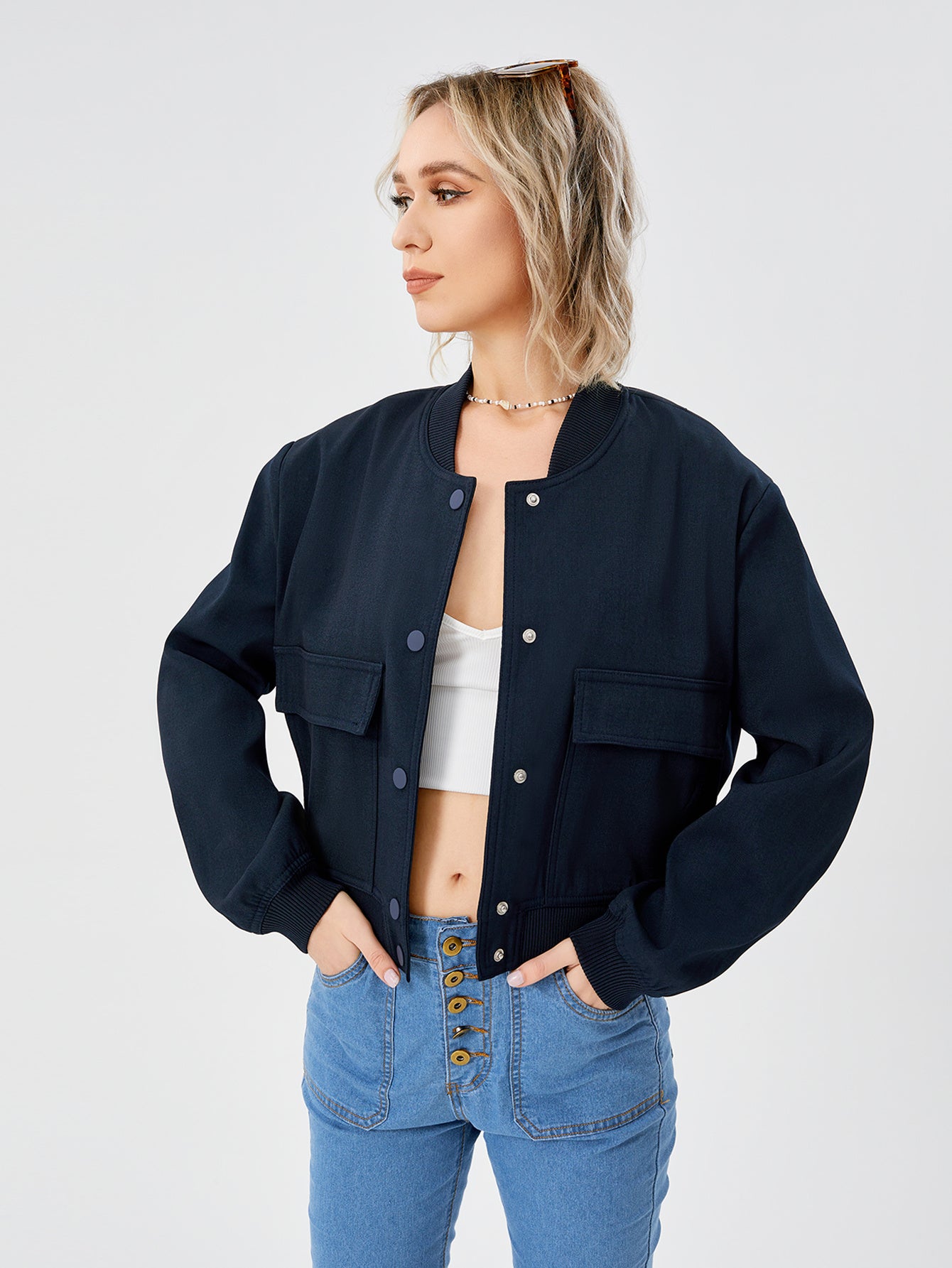 Lightweight Cropped Bomber Jacket - Casual Long Sleeve Varsity Jacket With Pocket Fashion Y2k Jacket Streetwear