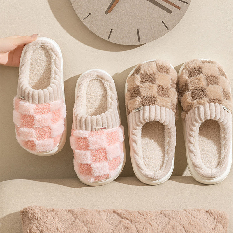 Plaid Plush Slippers - Women's Indoor Plush Home Slippers