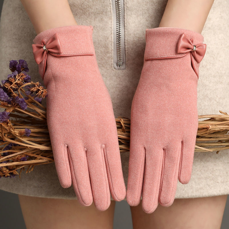 Fleece-Lined De Suede Bow Gloves - Touch Screen Warm Outdoor All-matching