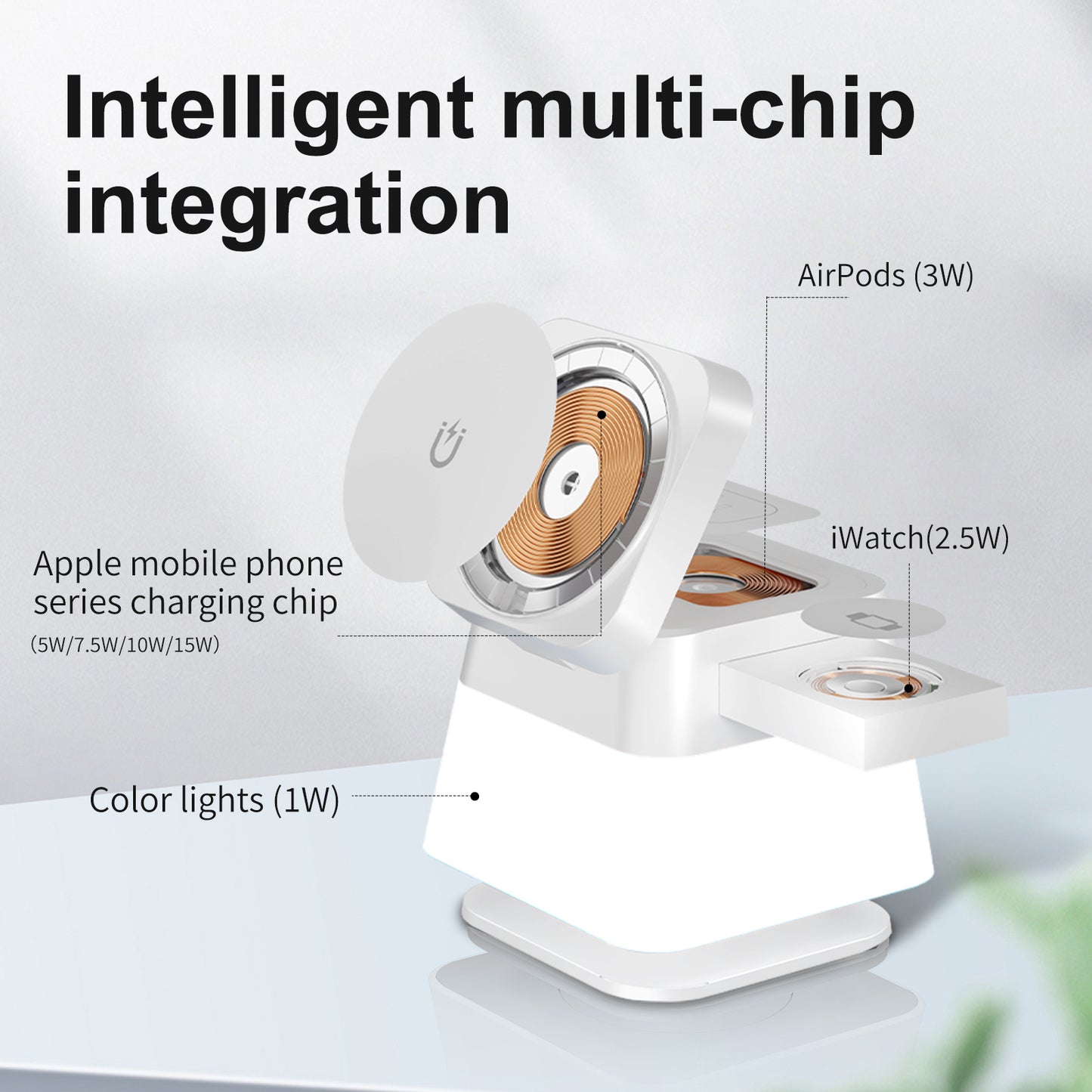 4 In 1 Rotatable Colorful Lighting Wireless Charger Stand For iPhones - 15 14 13 12 Pro Max 8 7 Holder Magnetic Fast Charging Station