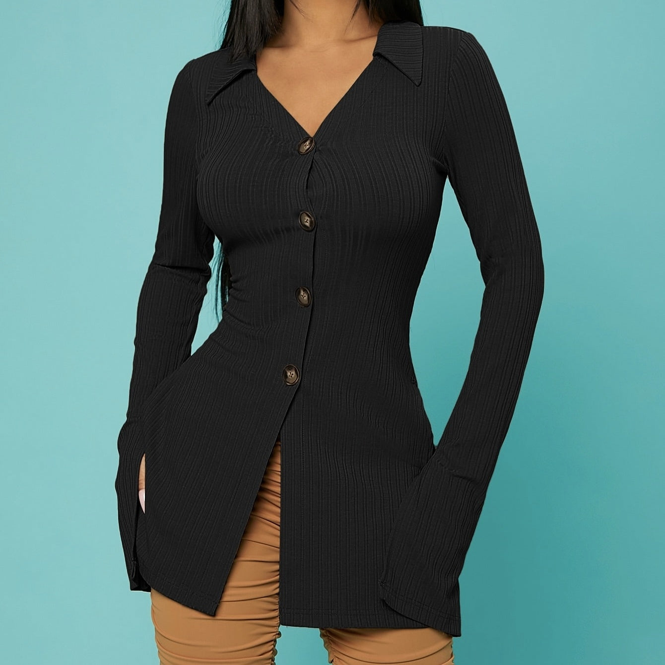 Ladies' V-neck Solid Color Button Slit Elegant Ribbed Knit Shirt Top