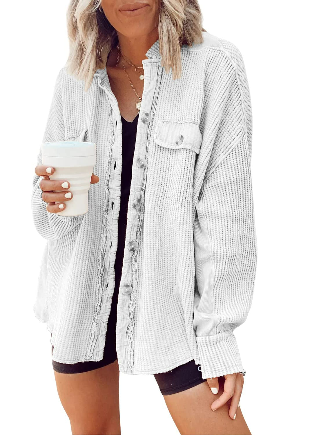 Women Button Shirt Jacket - Lapel Long Sleeve Fashion Jacket