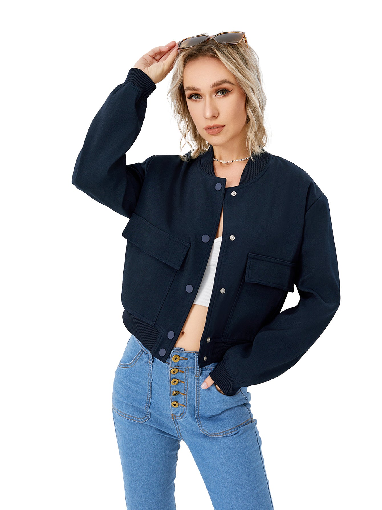 Lightweight Cropped Bomber Jacket - Casual Long Sleeve Varsity Jacket With Pocket Fashion Y2k Jacket Streetwear