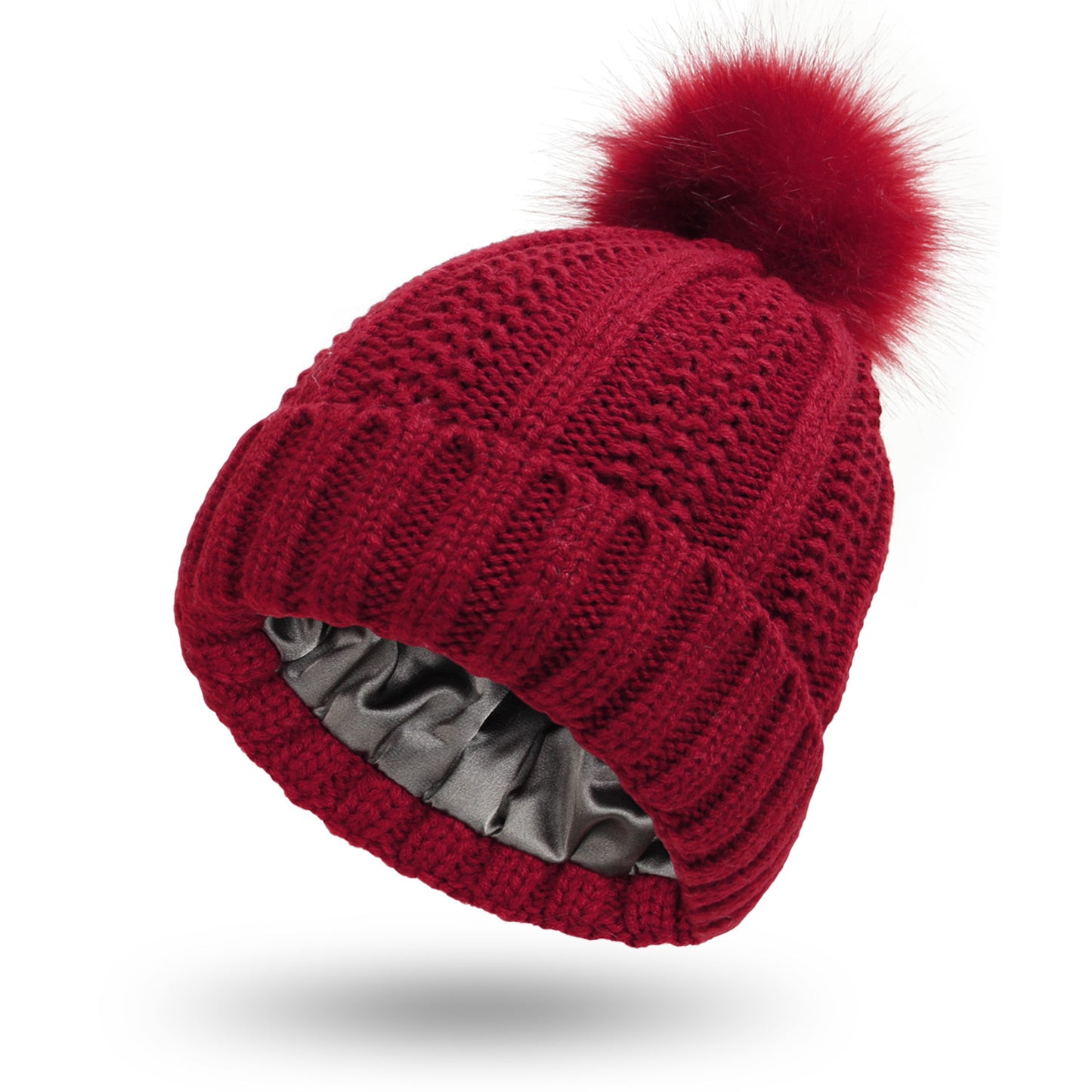 Fashion Stretchy Satin Lined Skull Knit Hats Beanie Hat - For Women Faux Fur Pom Pom Hat Beanie Hat
