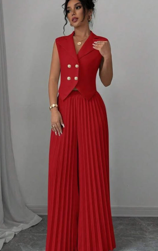 Summer Sleeveless Suit - Fashion Lapel Button Vest Top And Pleated Straight Pants Women's Trousers Set Clothing
