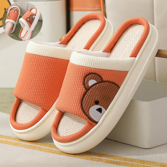 Cute Cartoon Bear Linen Slippers For Women -- Indoor Non-slip Sweat-absorbent Breathable Slip On Floor Bedroom Slipper House Shoes