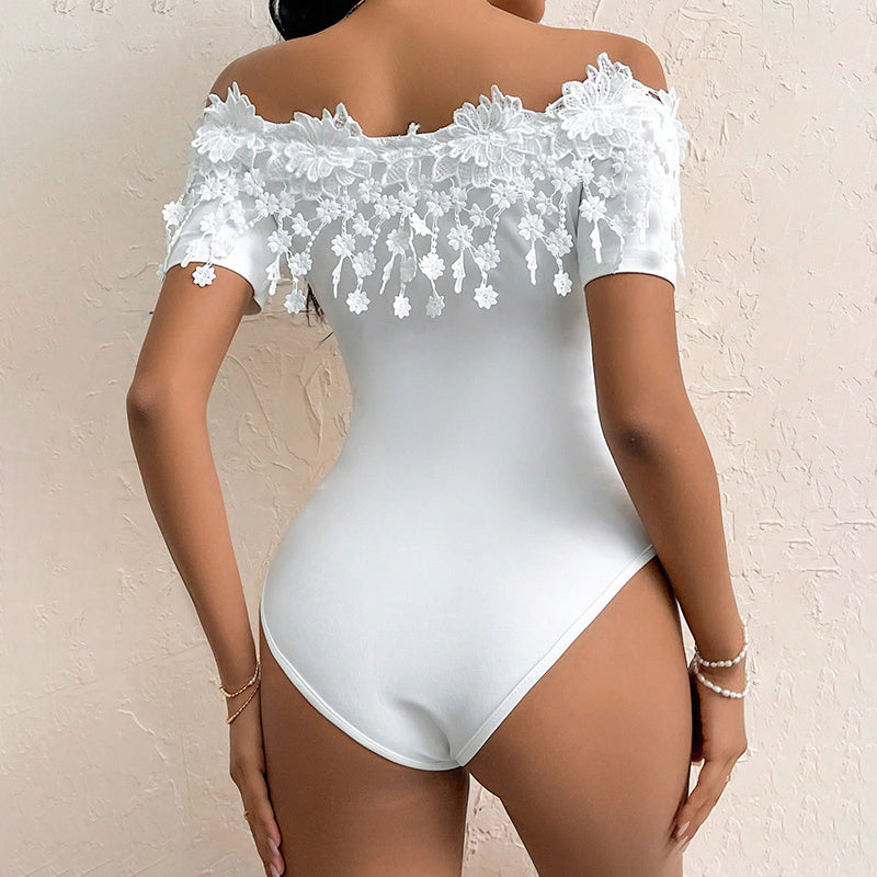 Sexy Lace design Body Suit - Women's Off Shoulder Short Sleeve Bodysuit Sexy Lace Bodycon Top