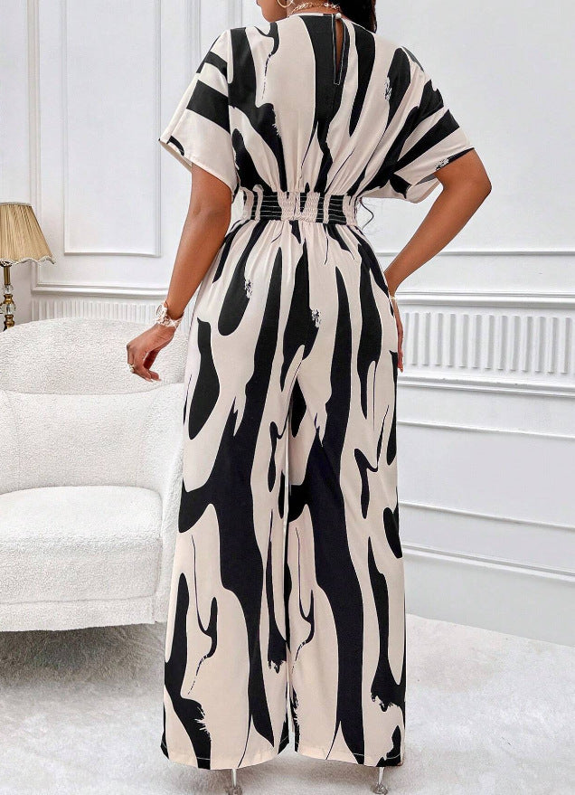 V-neck Loose Printed Long Jumpsuit - JumoShop