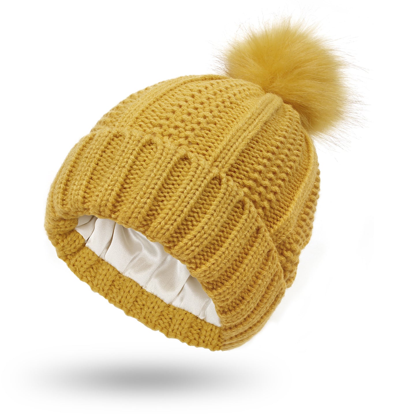 Fashion Stretchy Satin Lined Skull Knit Hats Beanie Hat - For Women Faux Fur Pom Pom Hat Beanie Hat