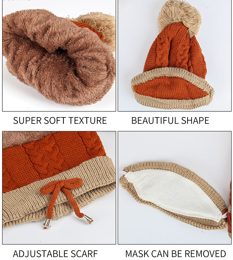 Winter Women 3pcs Knitted Beanie Hat - Scarf Set Warm Hat