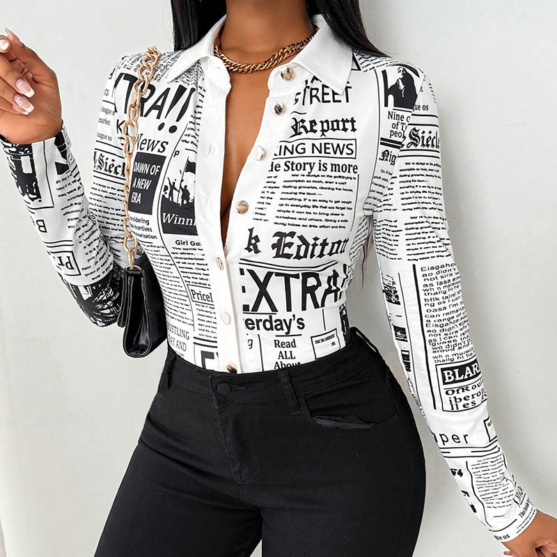 Newspaper Print Long Sleeve Casual Shirt - Spring&Fall Slim Fit Printed Blouse With Single Button Placket