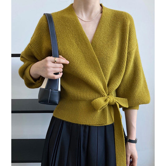 French Retro Knitted Cardigan - Top V-neck Tie Loose Women Sweater Coat, Handmade Spring Clothing, Womens Clothing