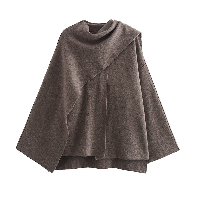 Solid Knitted Cardigan With Asymmetrical Scarf Design - Fashion Short Coat Women Overcoat Jacket Winter