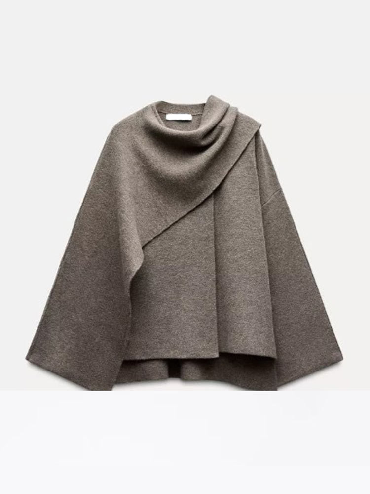 Solid Knitted Cardigan With Asymmetrical Scarf Design - Fashion Short Coat Women Overcoat Jacket Winter