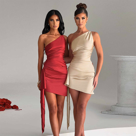 One-shoulder Sleeveless Mini Dress - Sexy Slim Backless Skirt Party