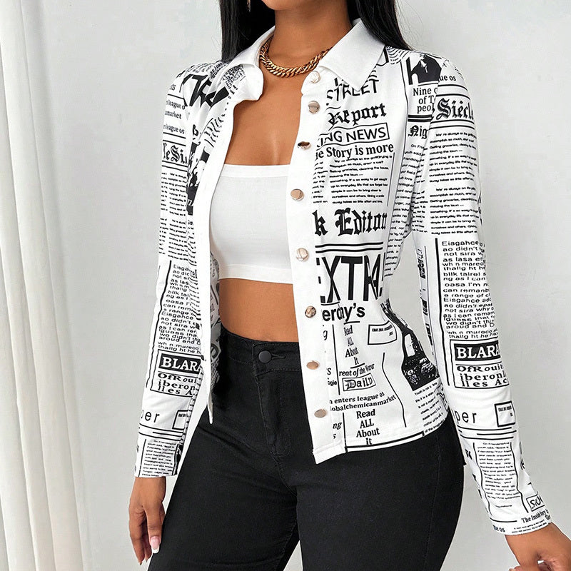 Newspaper Print Long Sleeve Casual Shirt - Spring&Fall Slim Fit Printed Blouse With Single Button Placket