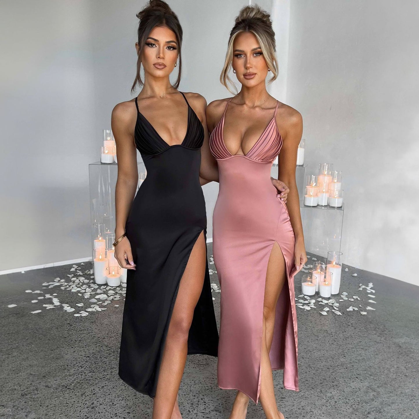 Spaghetti Strap Split Deep V-neck Sleeveless Backless Bodycon Party Dresses