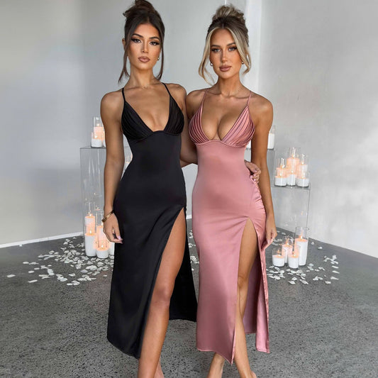 Spaghetti Strap Split Deep V-neck Sleeveless Backless Bodycon Party Dresses