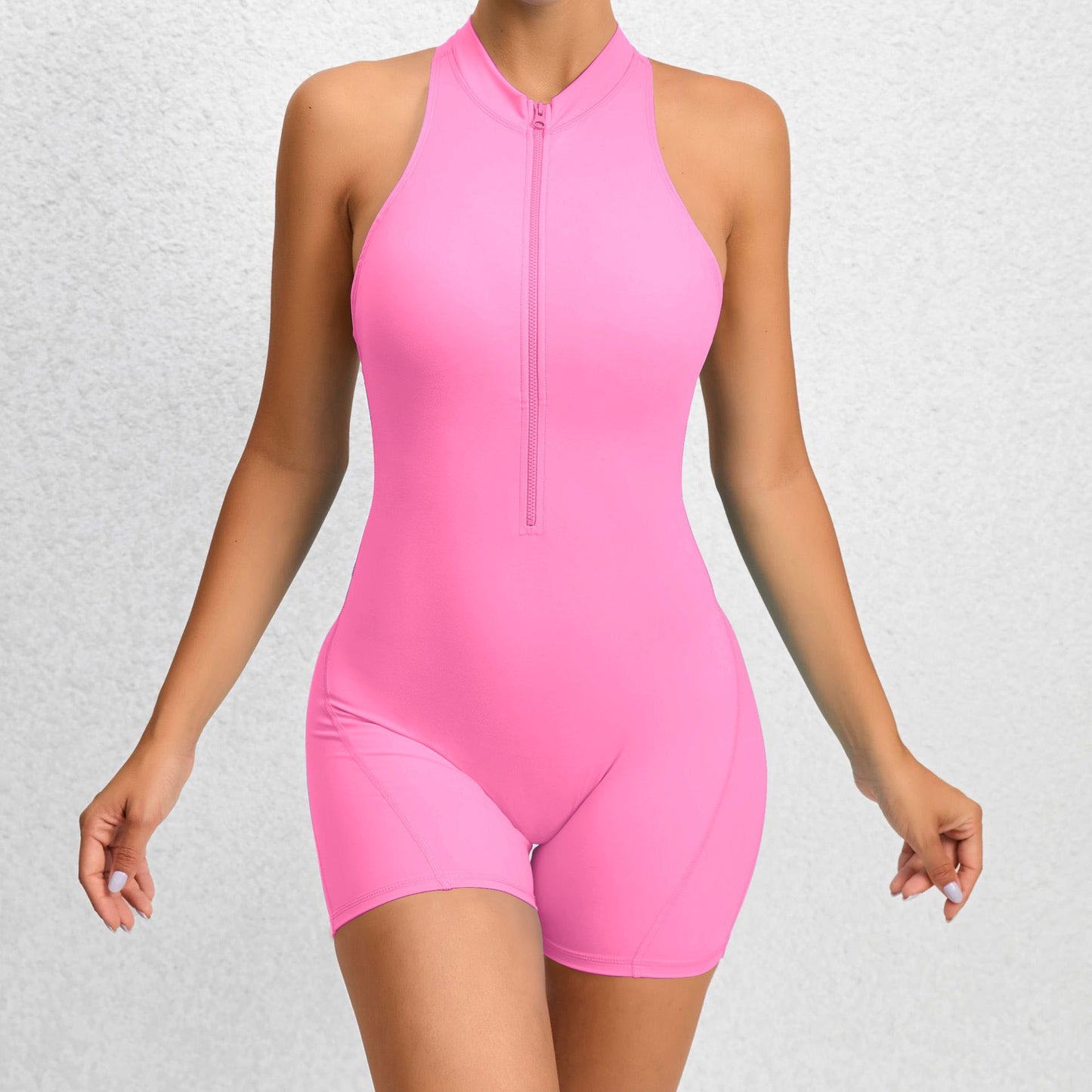 Zippered Yoga Fitness Shorts Jumpsuit – Tummy Control & Butt-Lifting Sportswear for Women