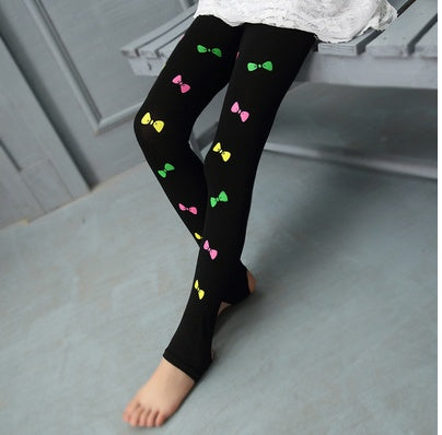 Girls' Cute Patterned Stretch Leggings – Cat Print & Colorful Bow Designs