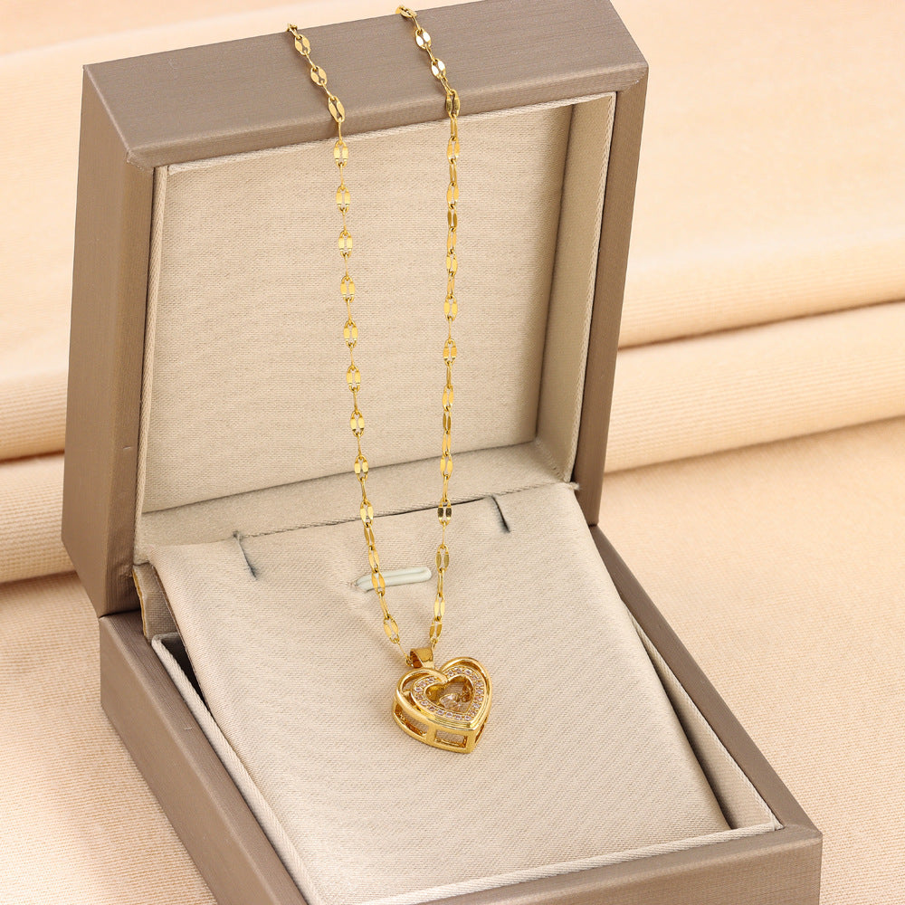 Double-layer Love Necklace With Rhinestones Titanium Steel Pendant Fashion Jewelry Woman Valentines Day Gift - JumoShop