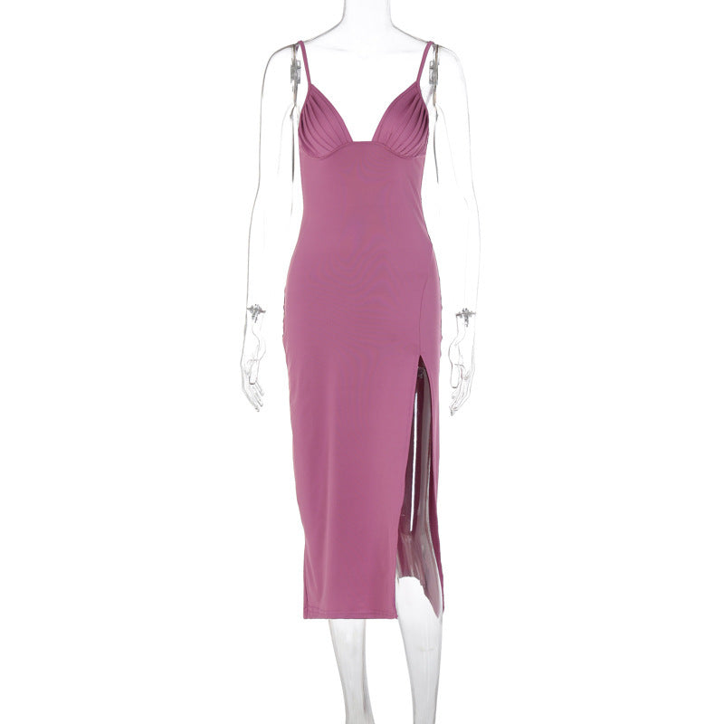 Spaghetti Strap Split Deep V-neck Sleeveless Backless Bodycon Party Dresses