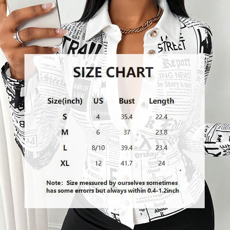 Newspaper Print Long Sleeve Casual Shirt - Spring&Fall Slim Fit Printed Blouse With Single Button Placket
