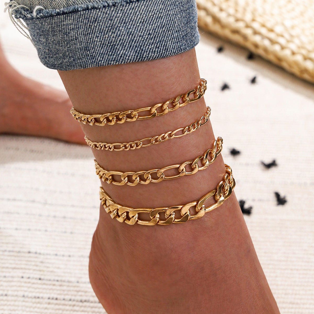 5 Pcs Women Fashion Gold Color Heart Crystal Key Anklets - Trendy Snake Chain Anklets For Women Foot Jewelry Gifts