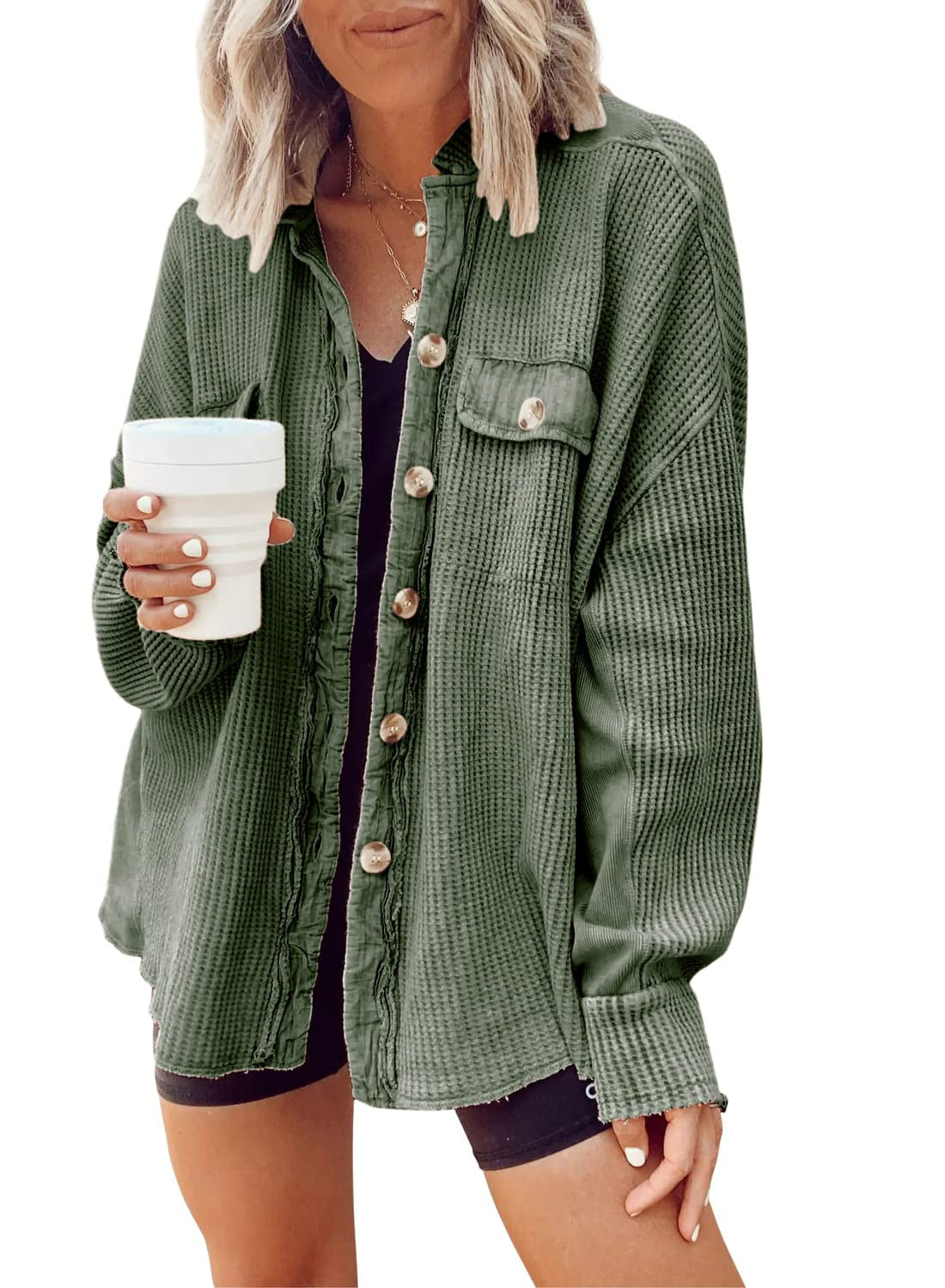 Women Button Shirt Jacket - Lapel Long Sleeve Fashion Jacket