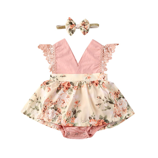 Baby Romper Floral Lace V Neck Sleeveless Dress - Jumpsuit Newborn Headband Kid Outfits Summer Clothing