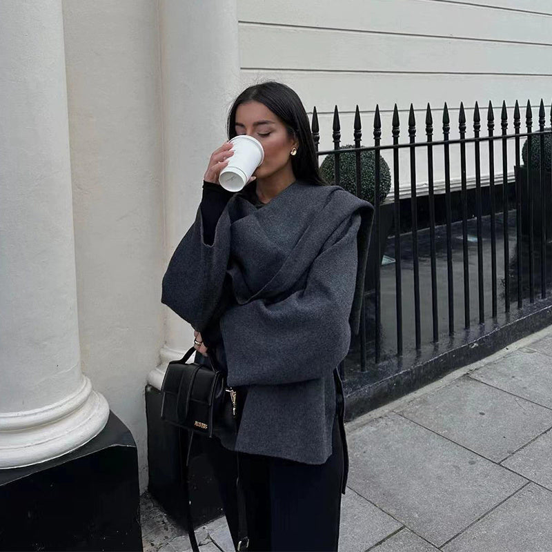 Solid Knitted Cardigan With Asymmetrical Scarf Design - Fashion Short Coat Women Overcoat Jacket Winter