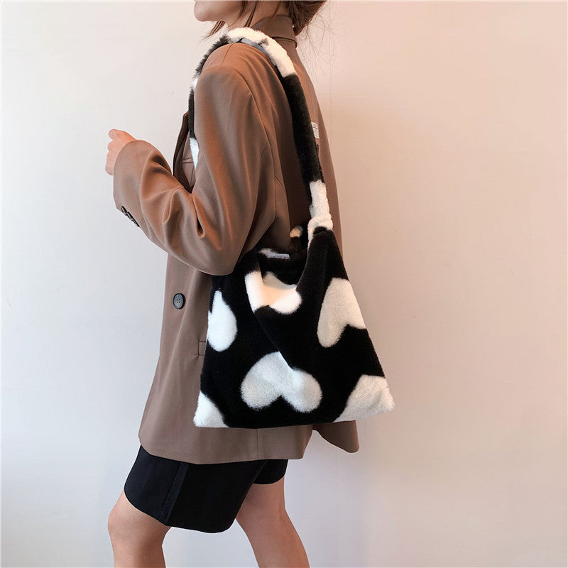 Love Heart Shoulder Bags - Winter Plush Shopping Bags For Women