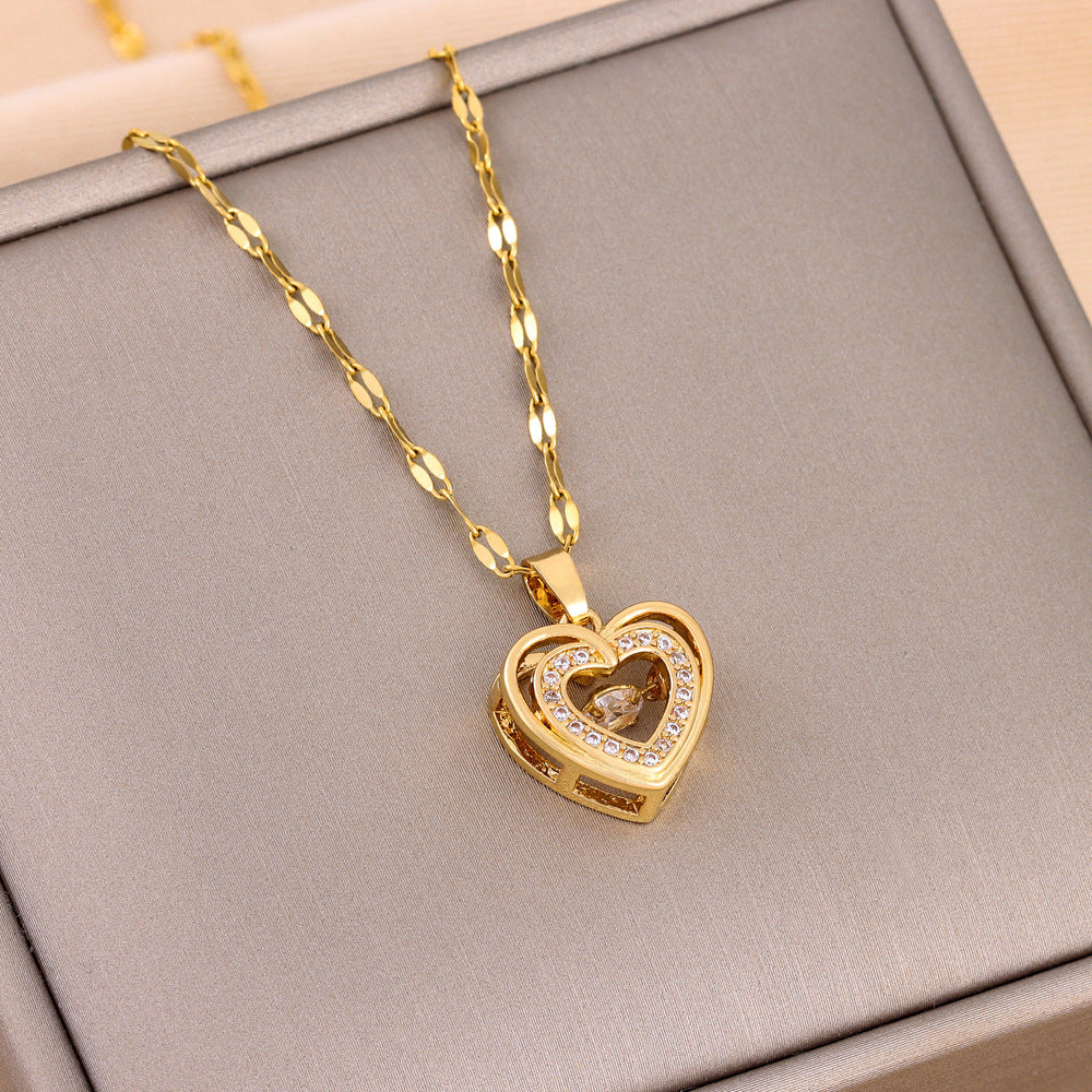 Double-layer Love Necklace With Rhinestones Titanium Steel Pendant Fashion Jewelry Woman Valentines Day Gift - JumoShop