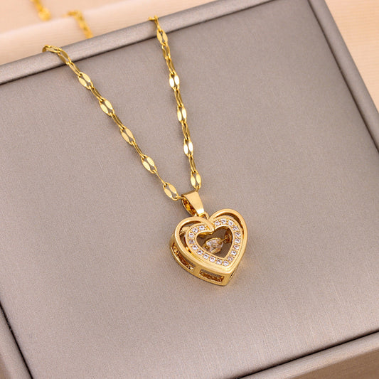 Double-layer Love Necklace With Rhinestones Titanium Steel Pendant Fashion Jewelry Woman Valentines Day Gift - JumoShop