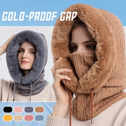 Winter Thick Plush Hat With Scarf - Windproof Warm Knit Hats Hooded For Women