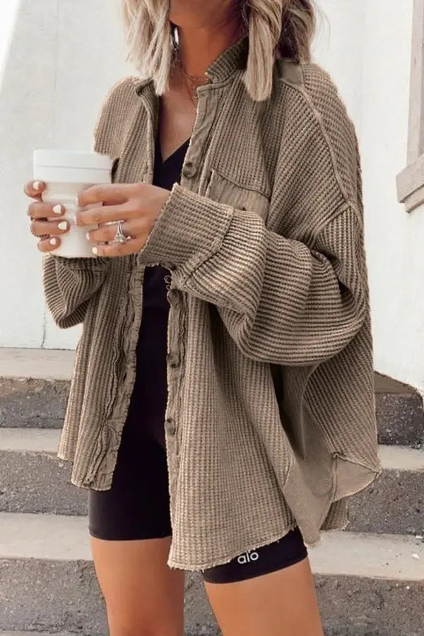 Women Button Shirt Jacket - Lapel Long Sleeve Fashion Jacket
