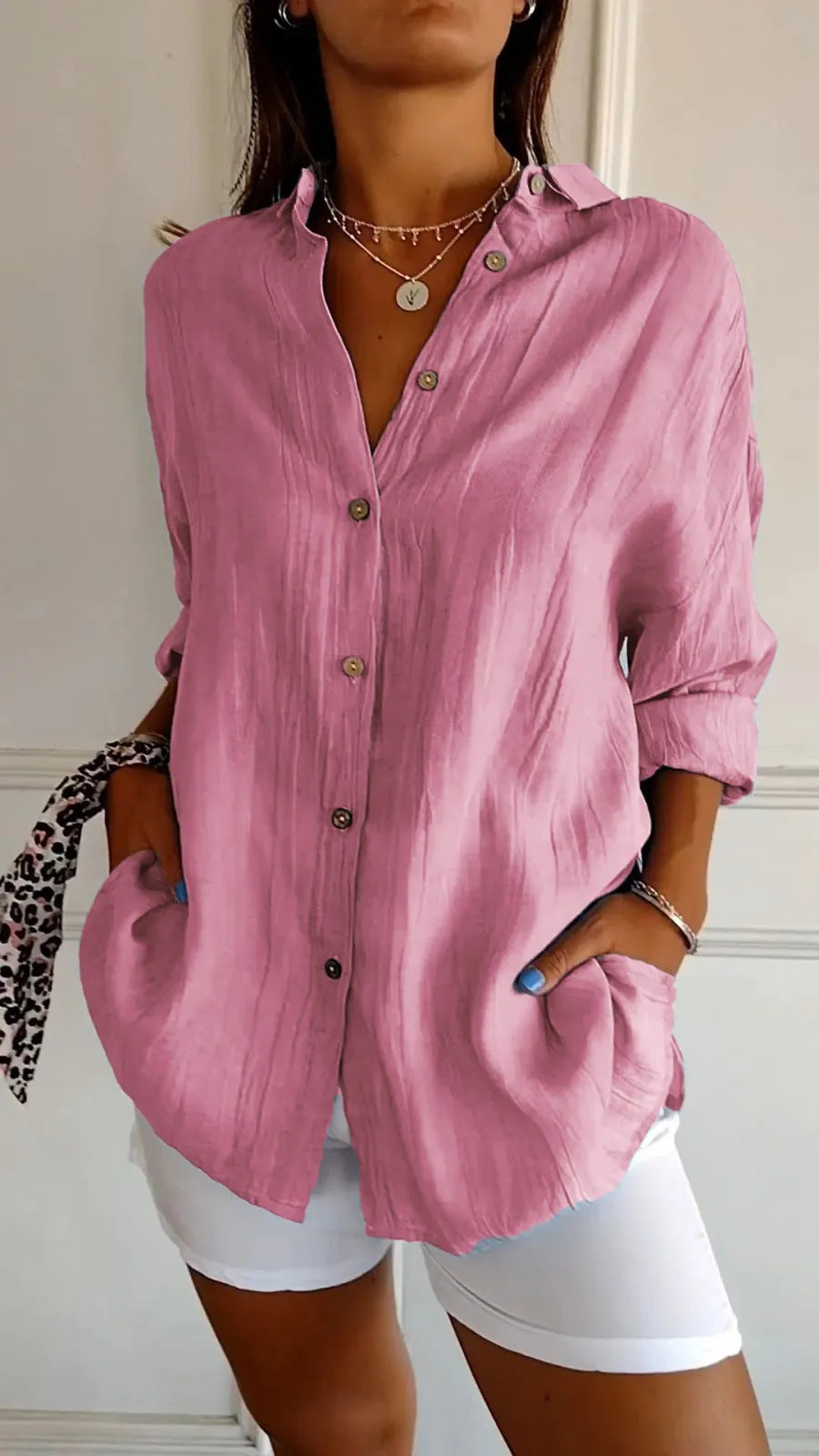 Lapel Long Sleeve Shirt - Women's Single-breasted Pleated Shirt